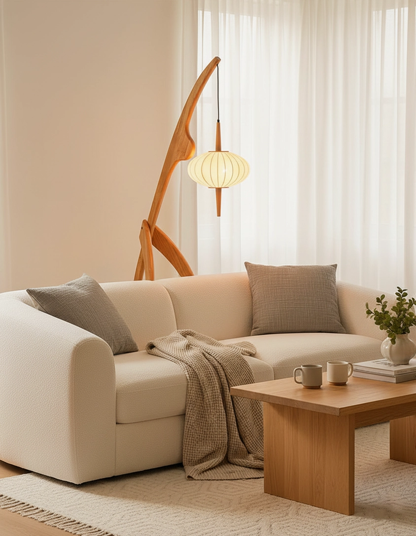 Contemporary arc floor lamp with curved wooden frame and fabric lantern - side angle view