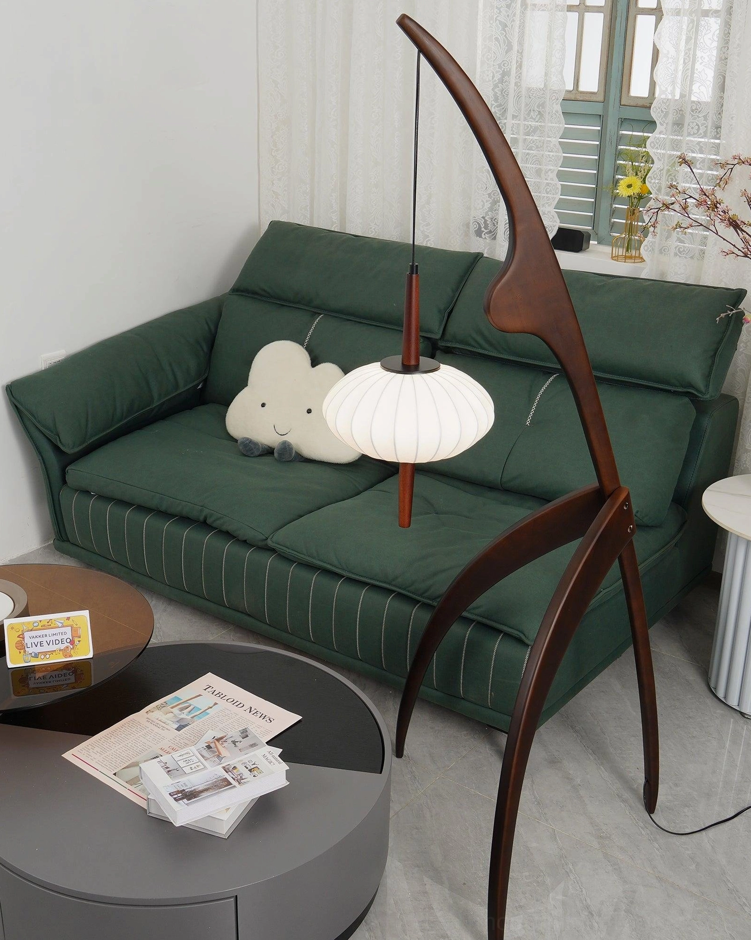 Arc floor lamp contemporary style wooden frame with fabric lantern shade detail view