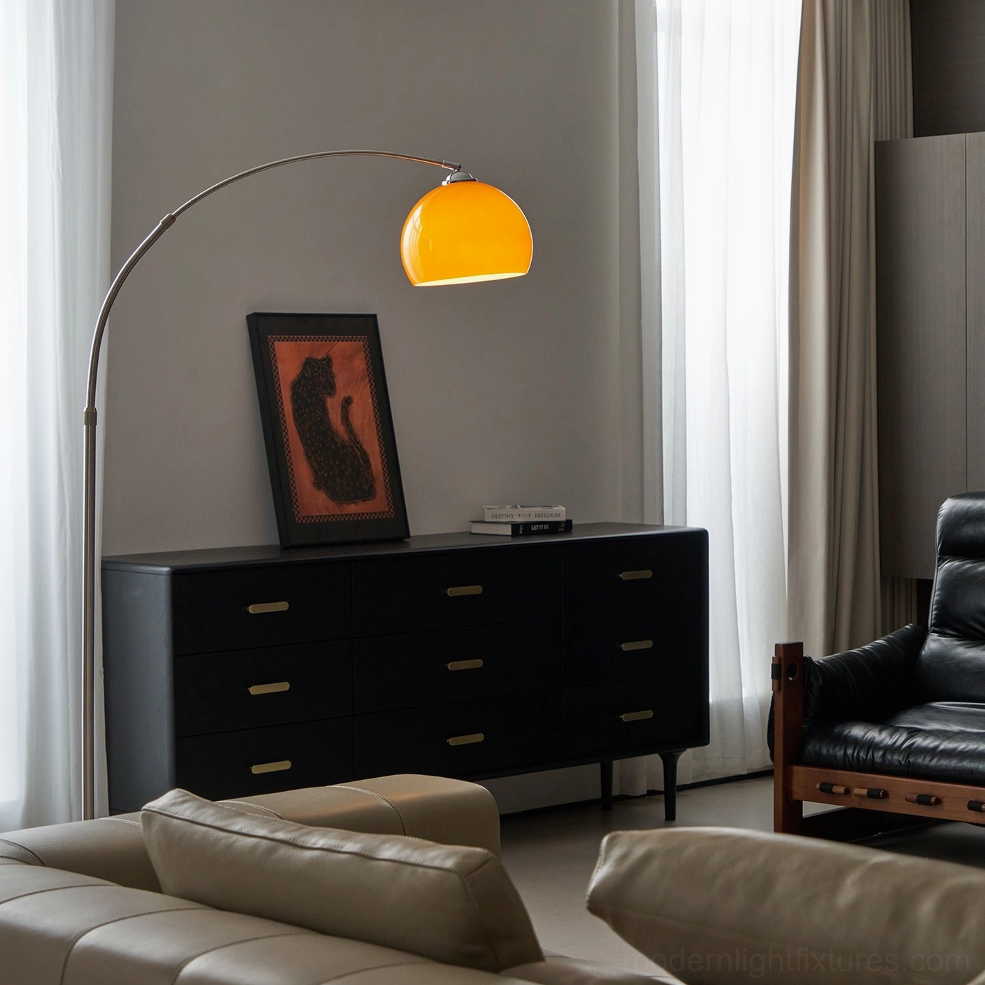 Contemporary arc floor lamp showing 98.4 inch cord length and reach