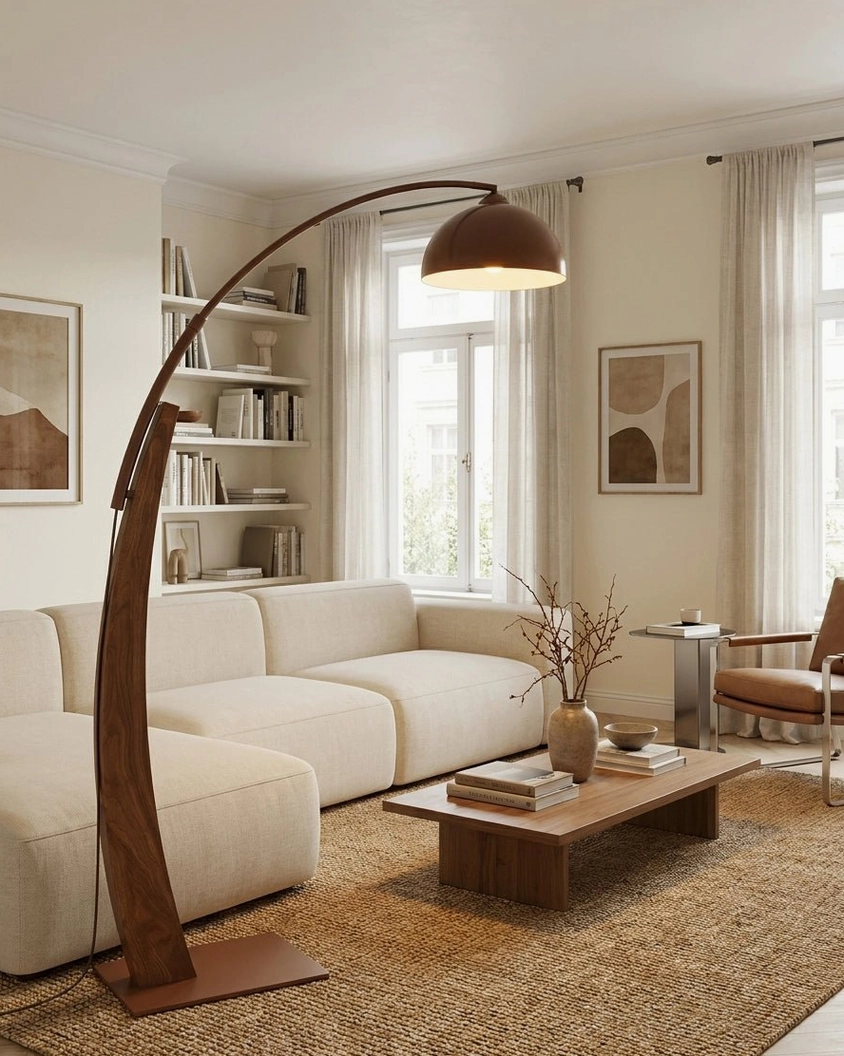 Arc floor lamp with curved arched wooden frame in bright lounge with built-in bookshelves, contemporary design