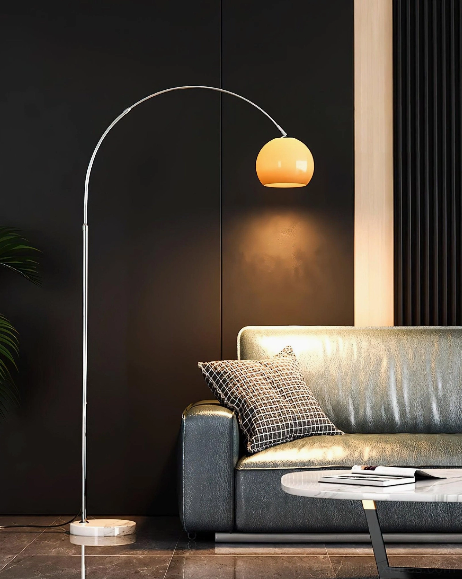 Arc floor lamp showing foot switch control and cord management system