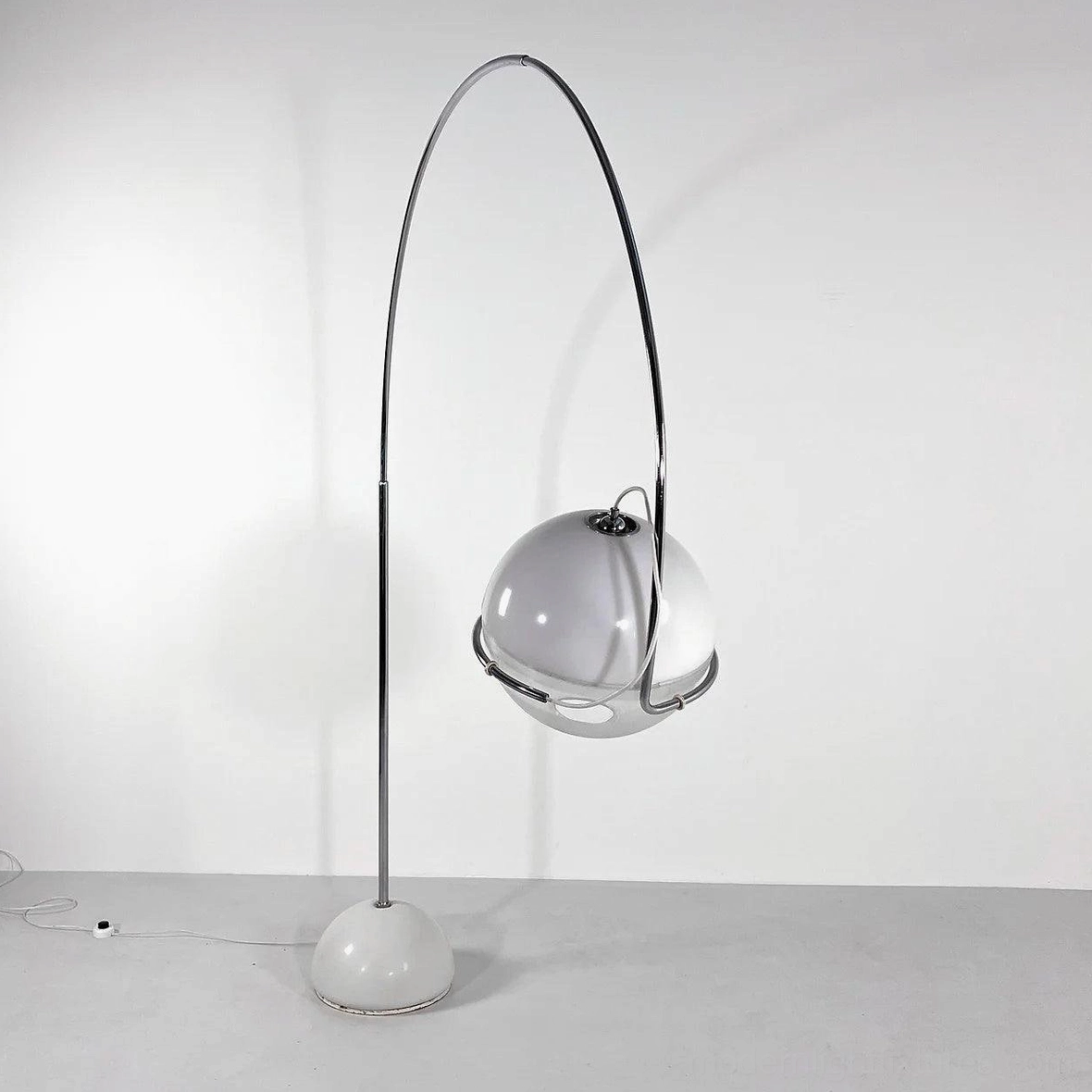 Arc floor lamp front right angle showing slim chrome pole and metal shade mounting ring detail