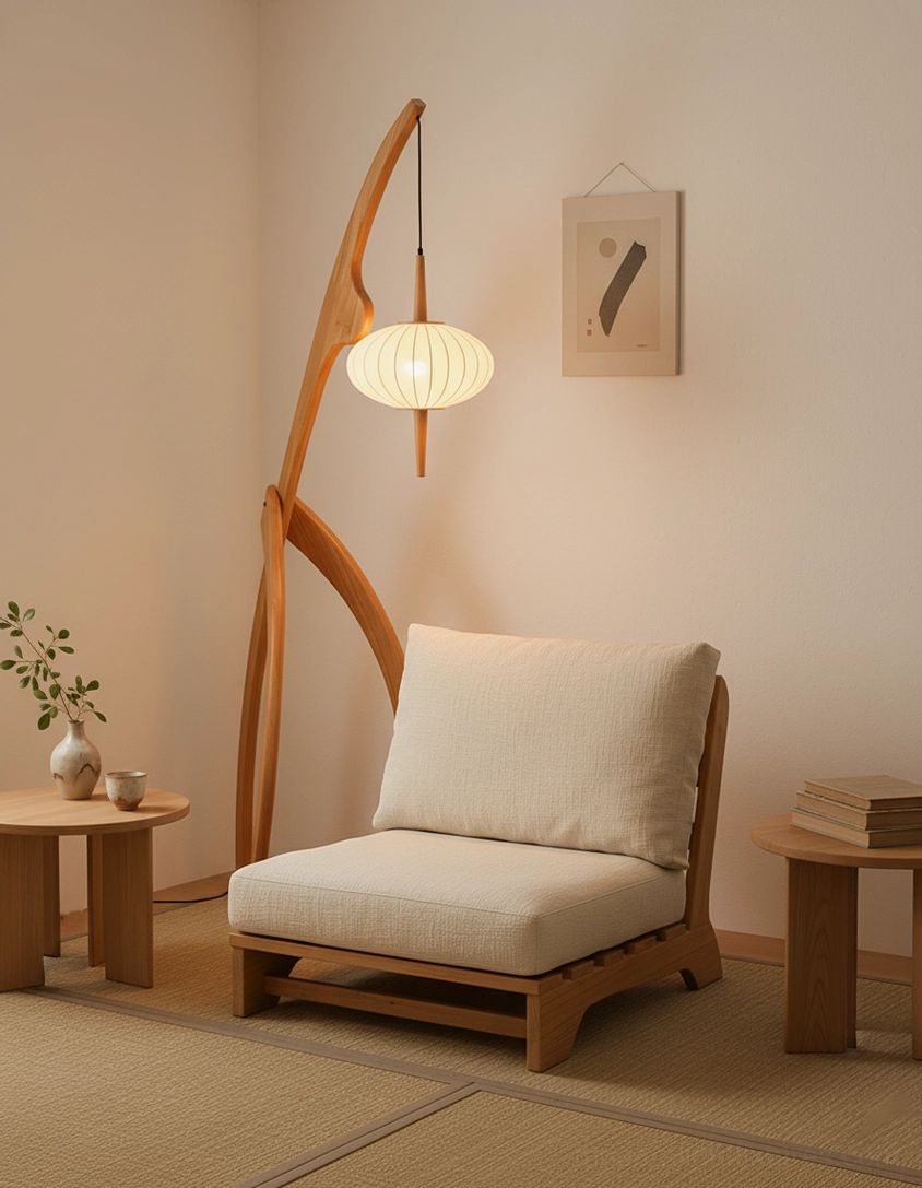 Modern arc floor lamp front view showing graceful wooden arc and fabric lantern silhouette