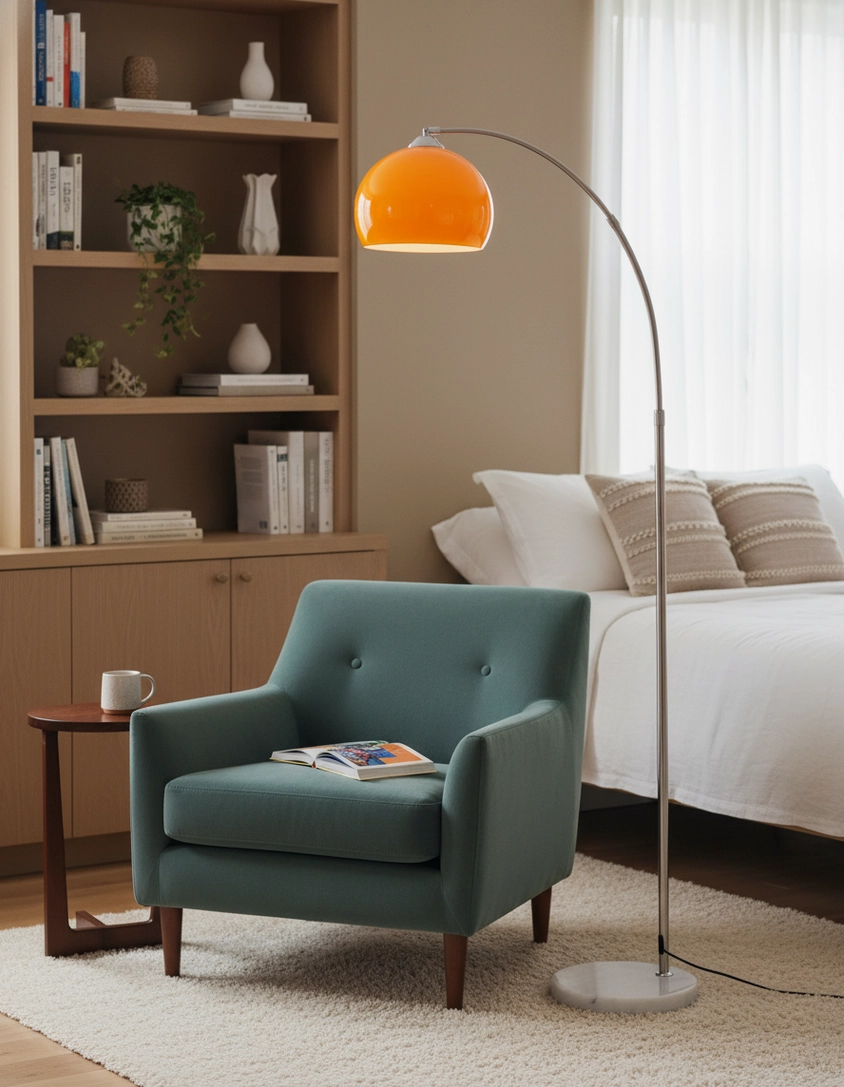 Arc floor lamp full view showing height and proportions with marble base
