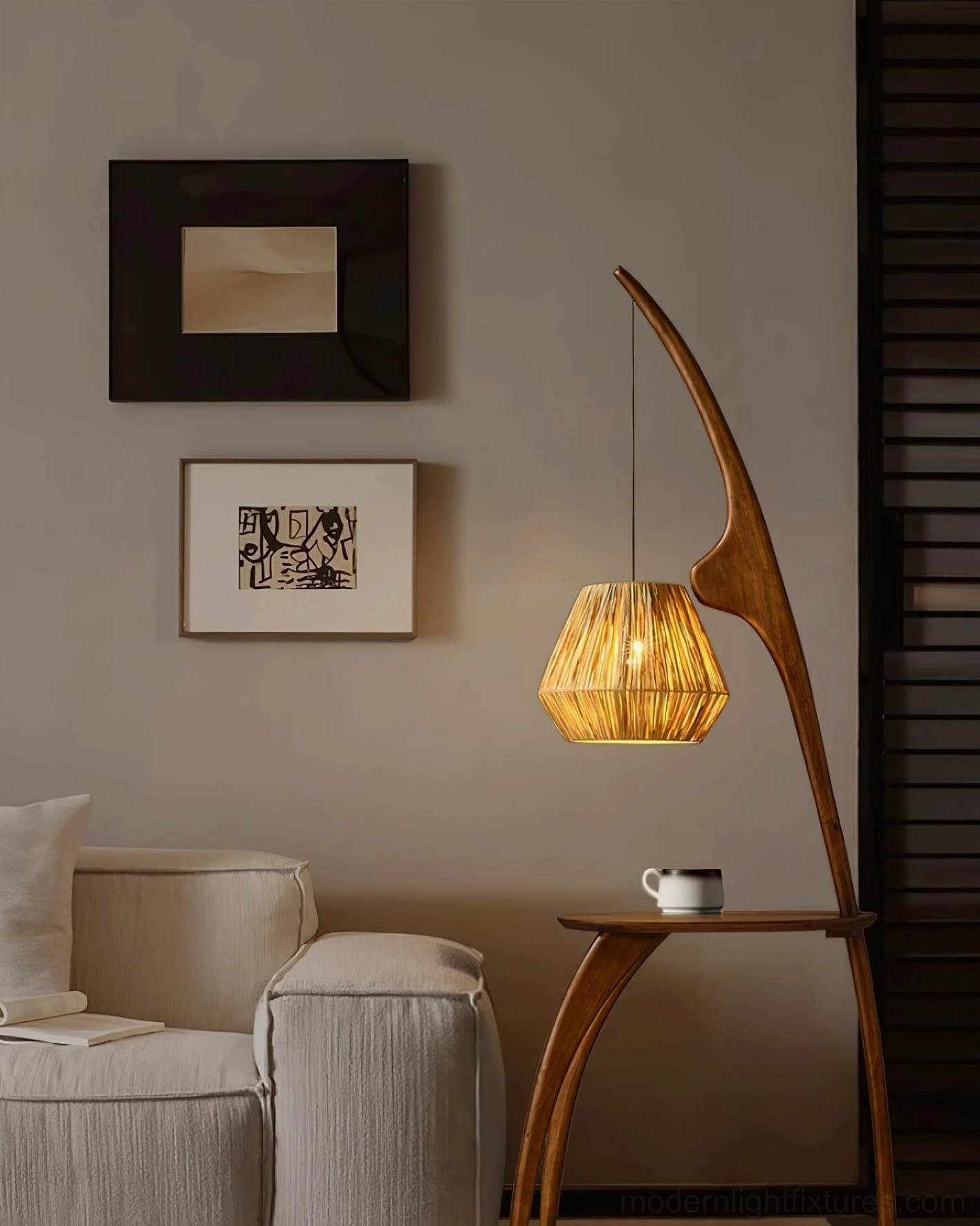 Arc floor lamp full height view, walnut wood and rattan construction home accent piece