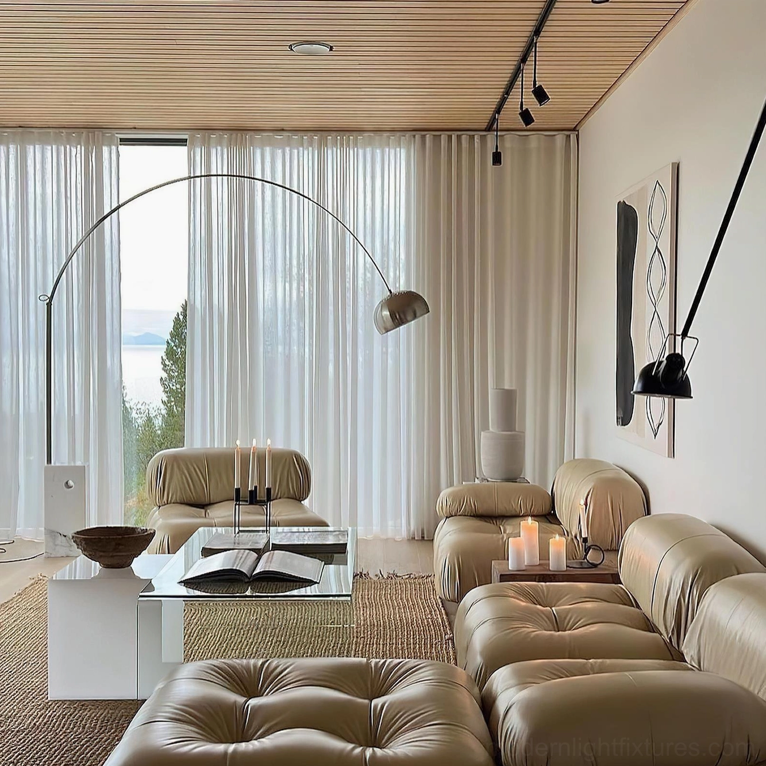 Arc floor lamp full profile view displaying curved stainless steel structure and marble base