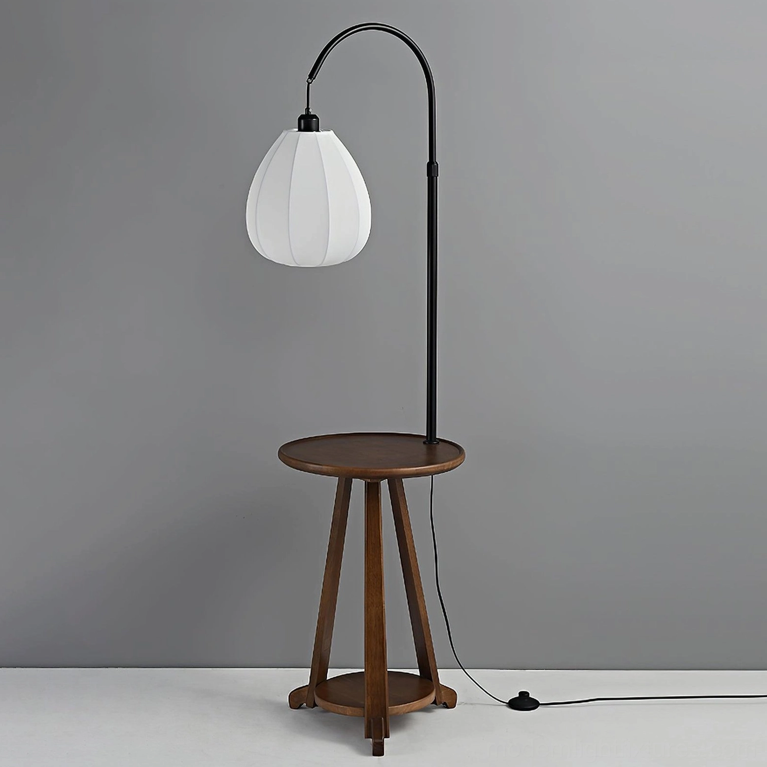 Arc floor lamp with wooden side table, modern design detail, product showcase, premium craftsmanship