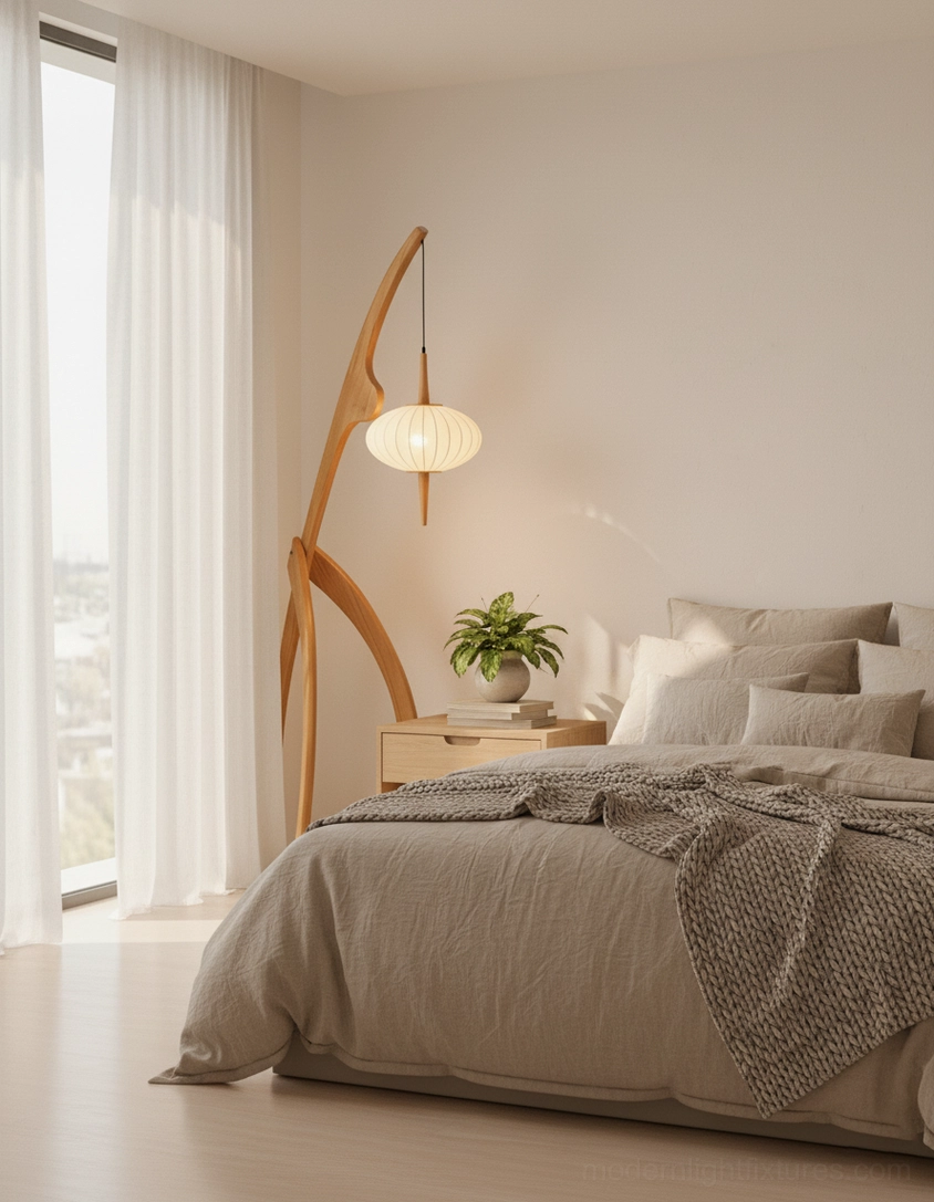 Arc floor lamp with handcrafted wooden frame and soft fabric lantern in modern interior