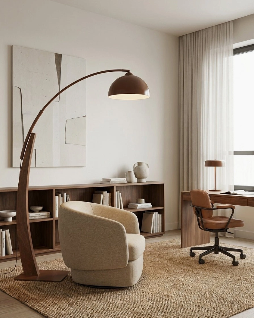 Arc floor lamp in modern home office with beige armchair, minimalist study decor and task lighting