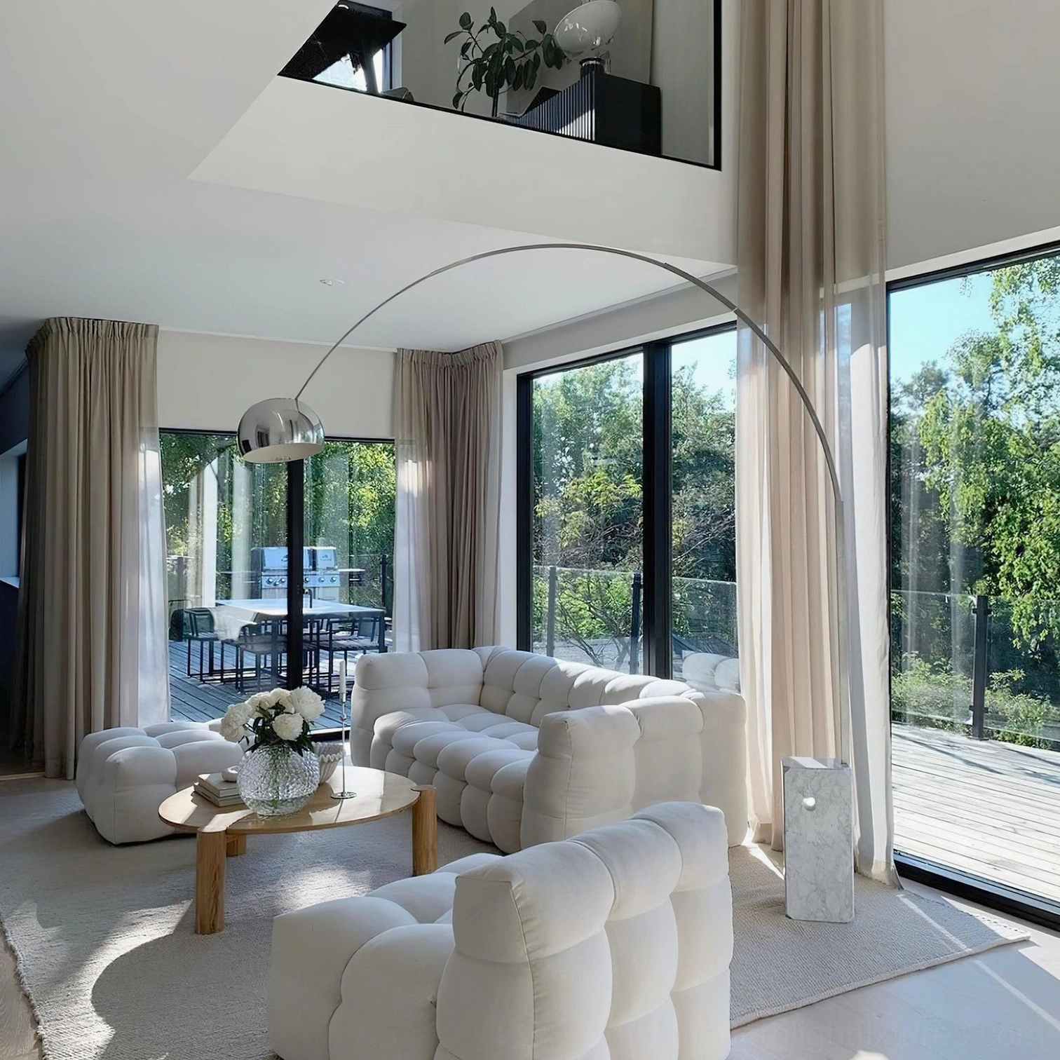 Modern arc floor lamp indoor use demonstration in home interior environment