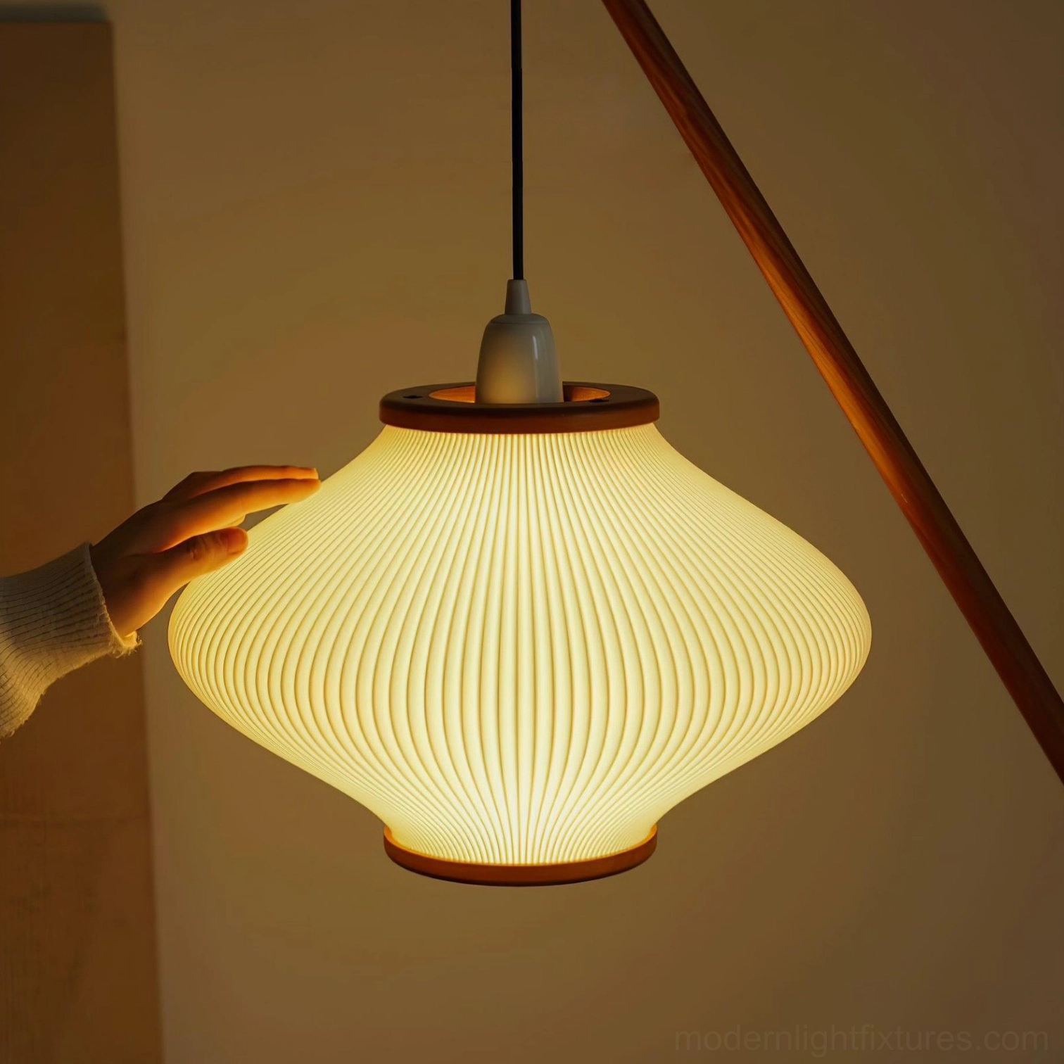 Arc floor lamp interior scene with home decor accessories and styled surroundings