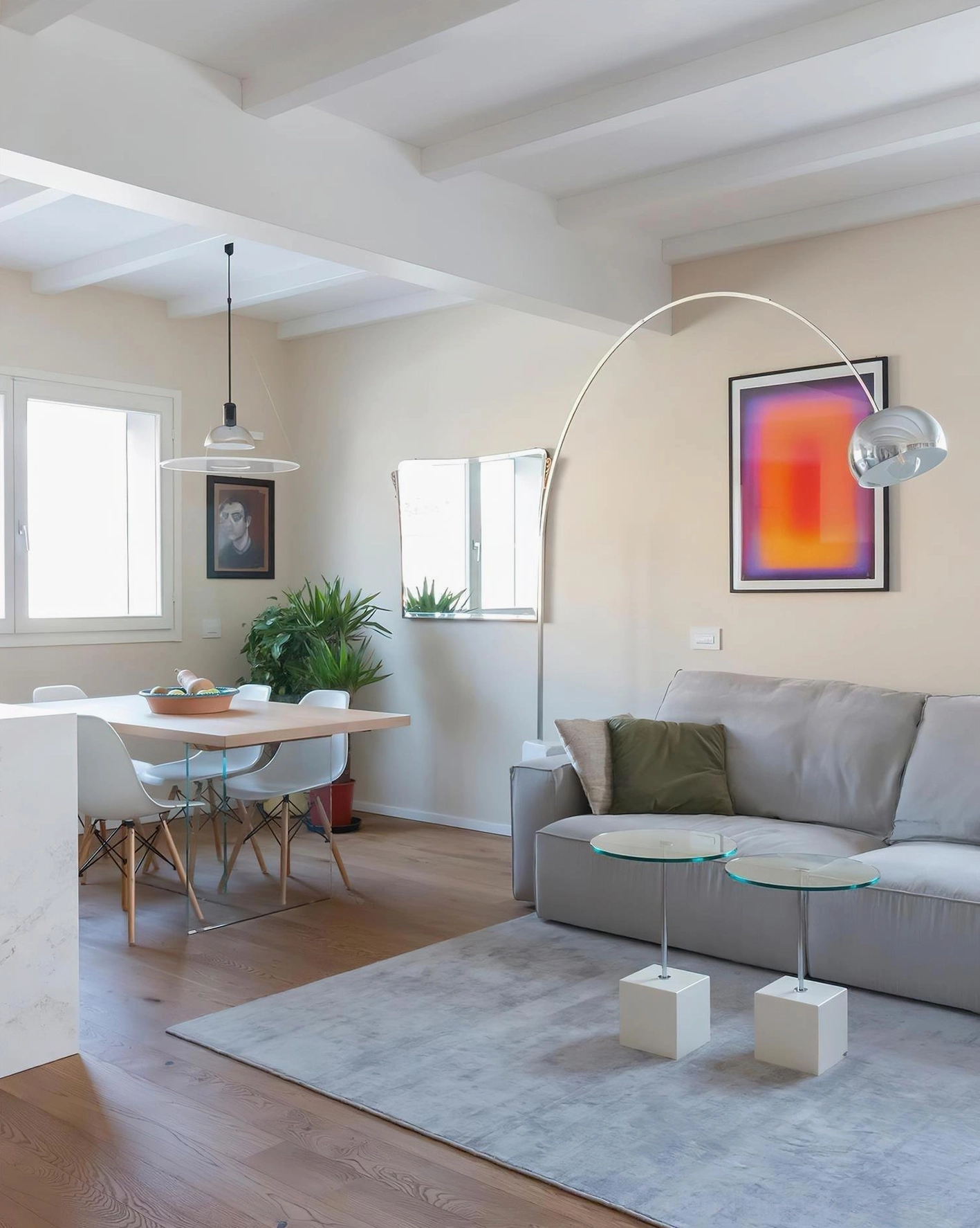 Contemporary arc floor lamp large statement size in expansive living area