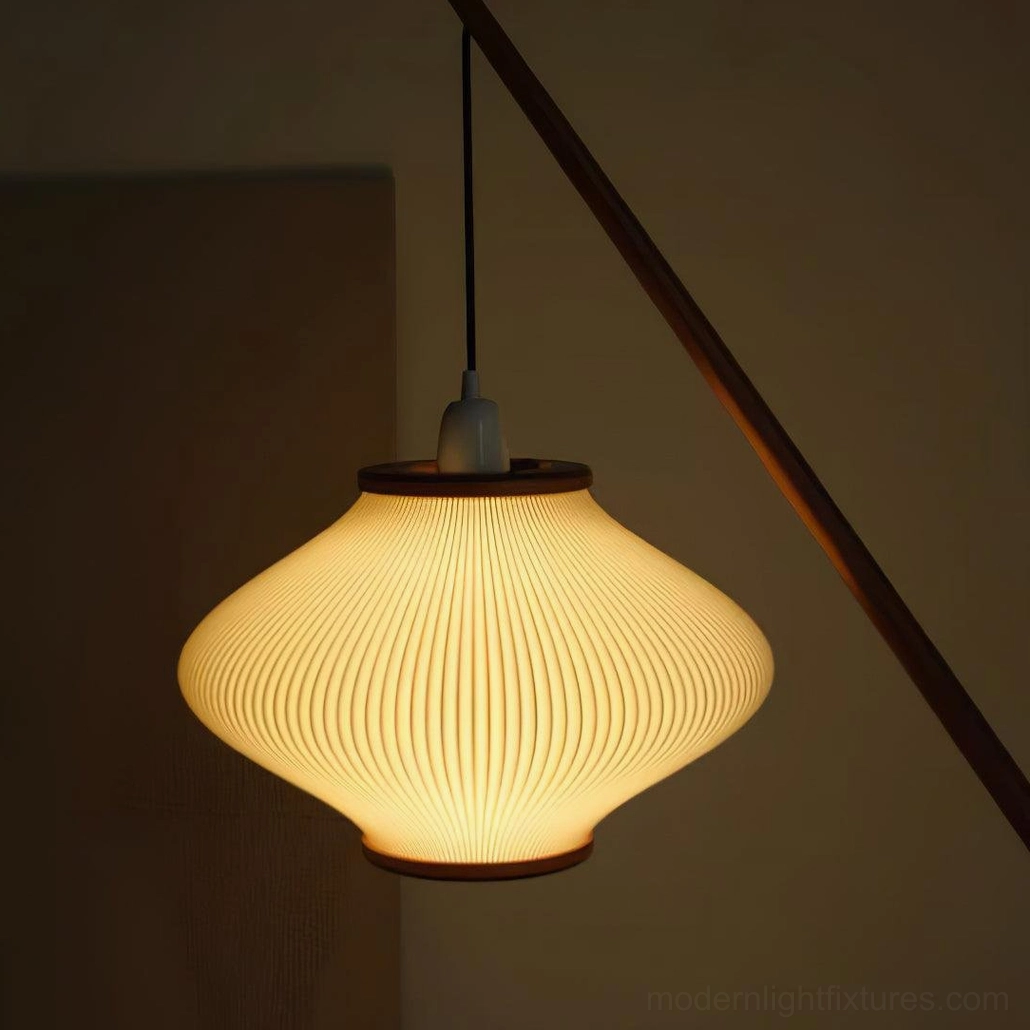 Lit arc floor lamp shade with soft ribbed texture and warm glow, wooden decorative trim visible