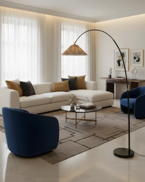 Arc floor lamp in contemporary living room with navy seating - eye-level perspective showing warm lighting