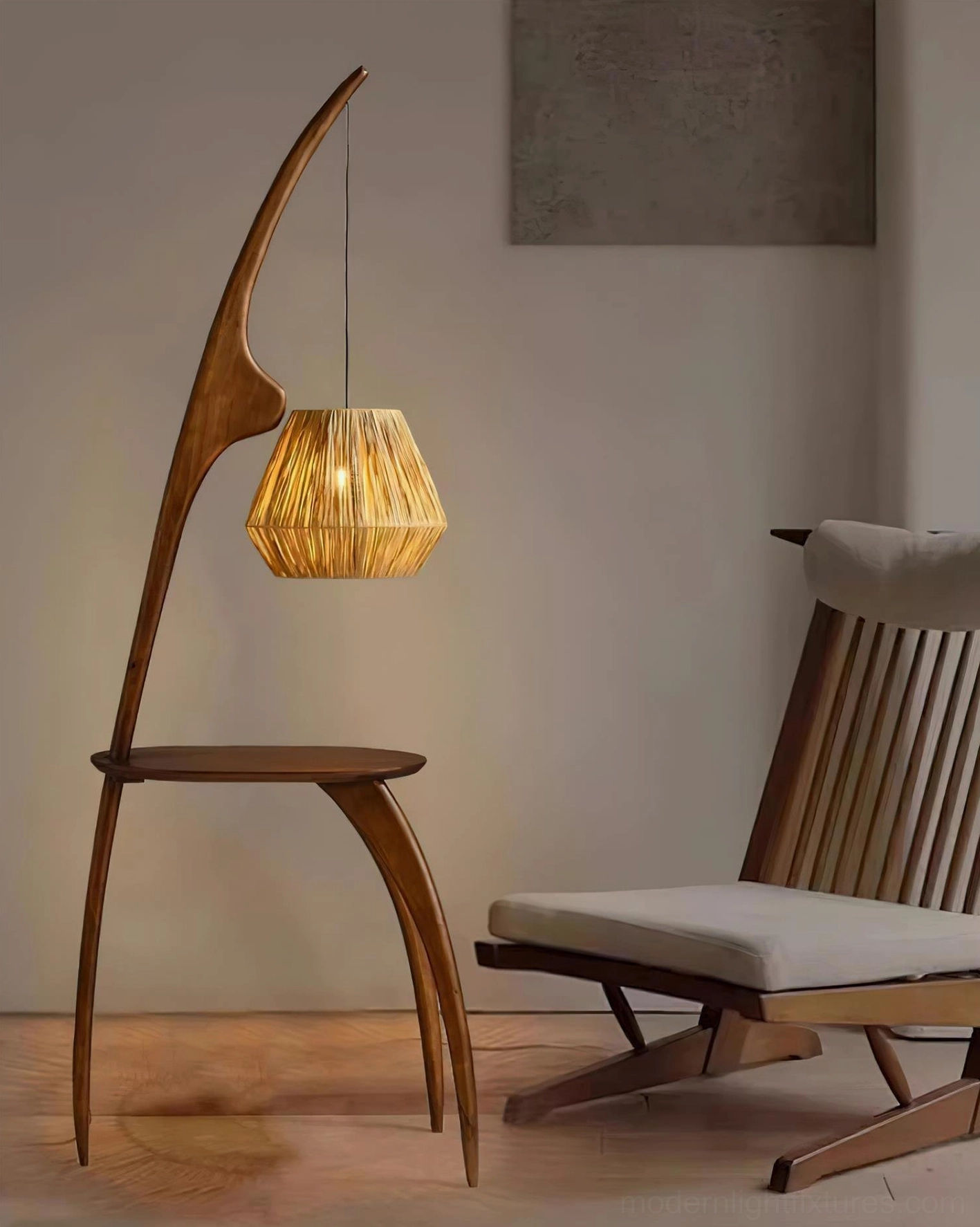 Arc floor lamp corner placement with lounge chair, wabi-sabi rustic home decor aesthetic