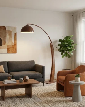 Arc floor lamp in contemporary living room with dark grey sofa, warm ambient lighting in modern home interior