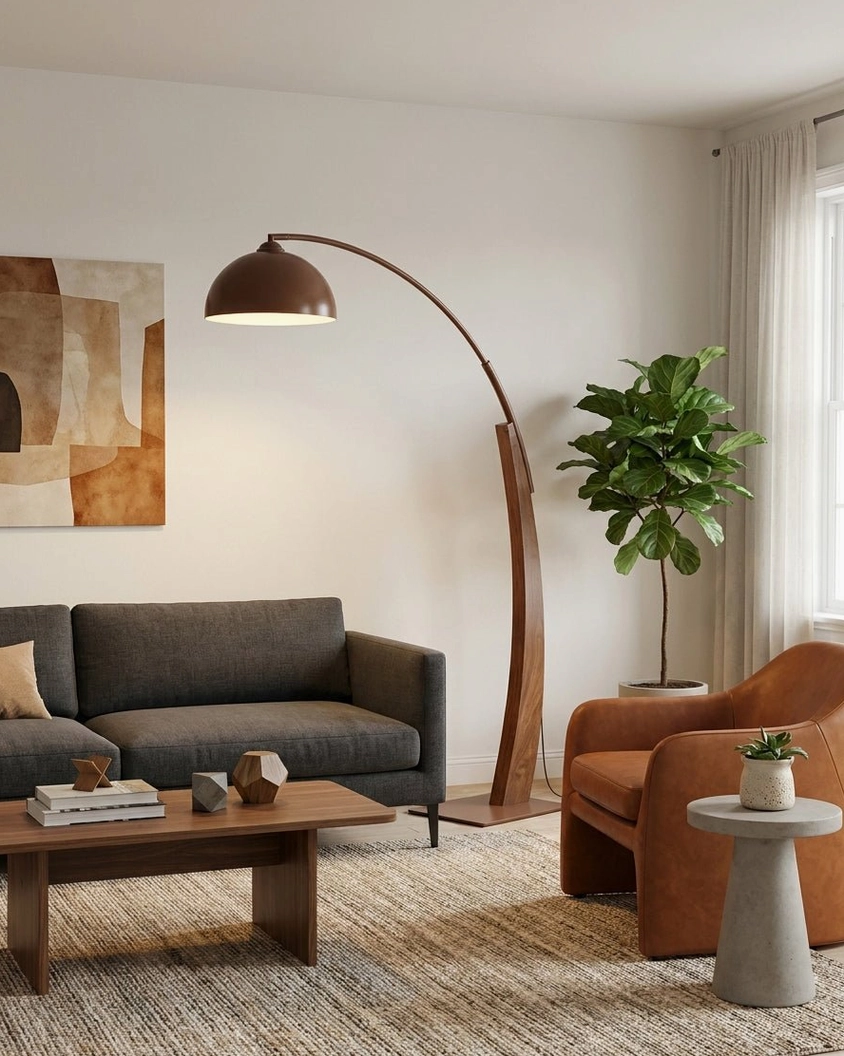 Arc floor lamp in contemporary living room with dark grey sofa, warm ambient lighting in modern home interior
