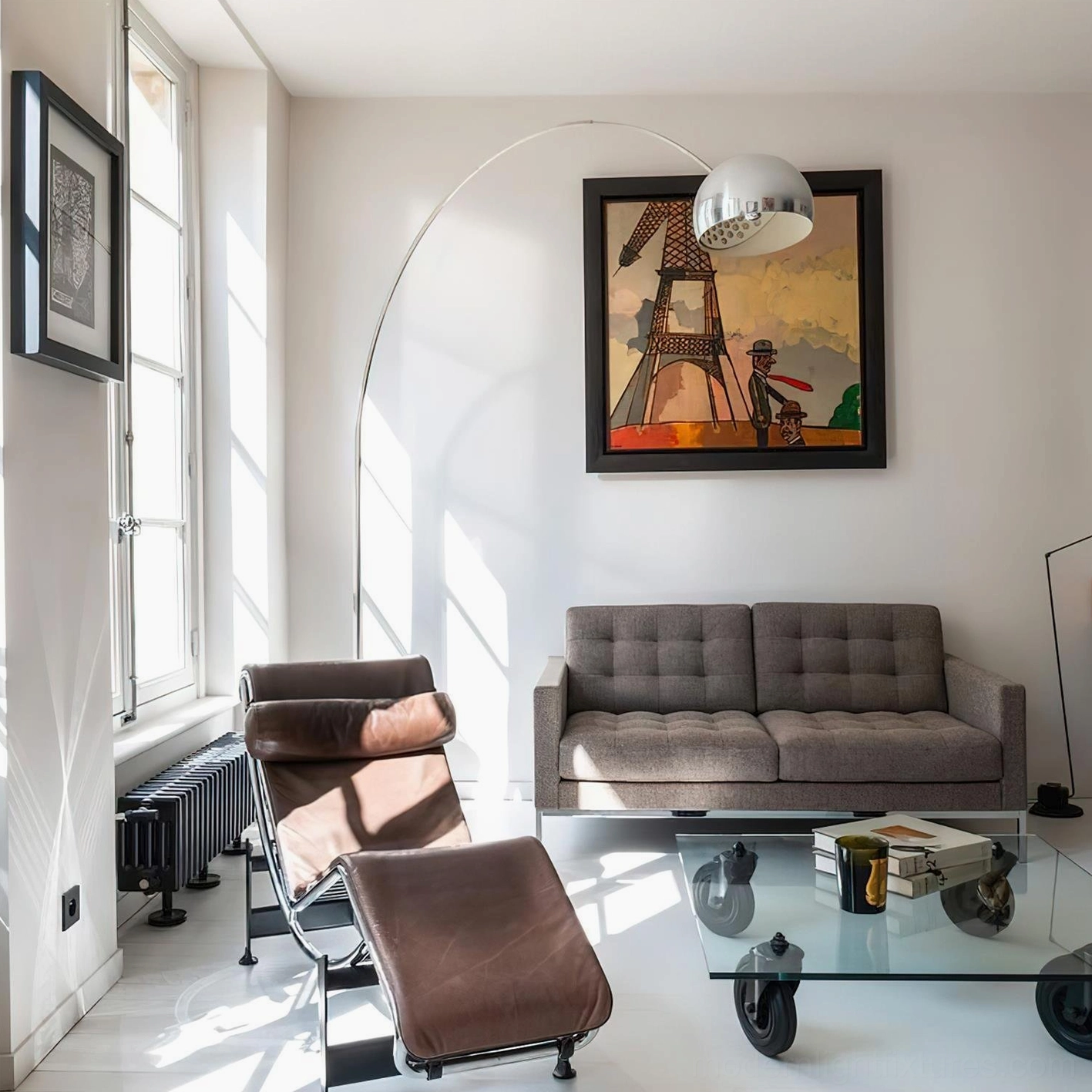 Arc floor lamp with white fabric shade and marble base in sunlit minimalist living area