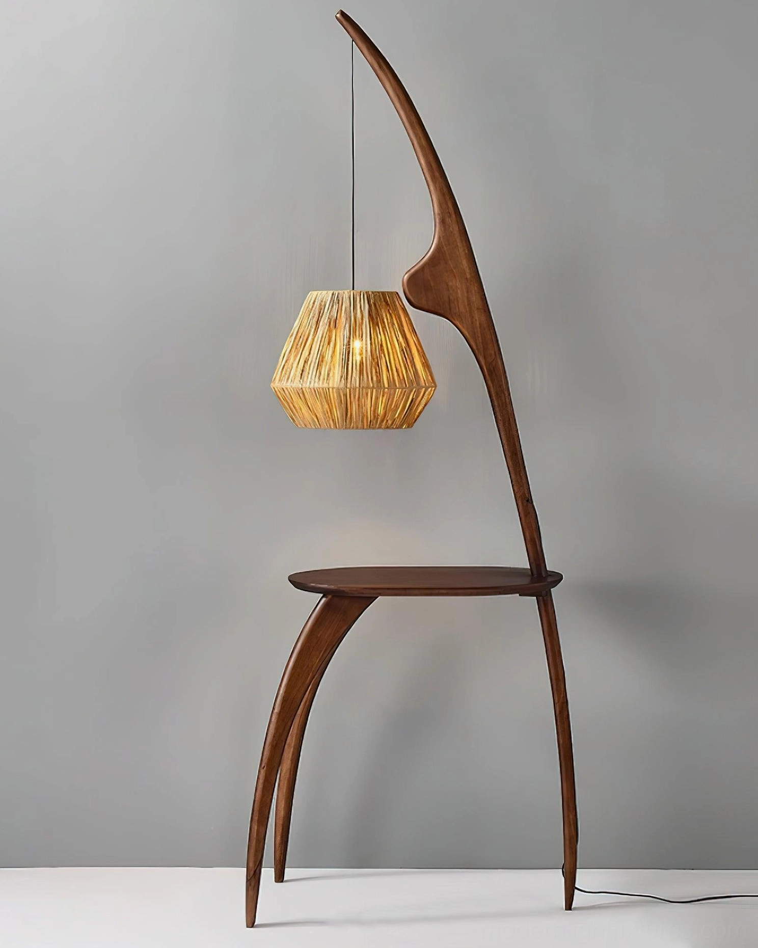 Arc floor lamp studio display, natural materials walnut wood rattan lampshade design