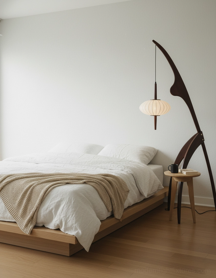 Modern arc floor lamp with light natural wood frame and yellow fabric lantern in warm-toned living room