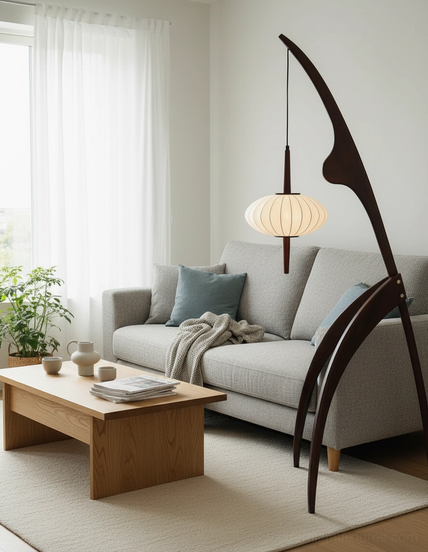 Sculptural arc floor lamp with dark wooden stand fabric lantern shade in Nordic gray sofa living room