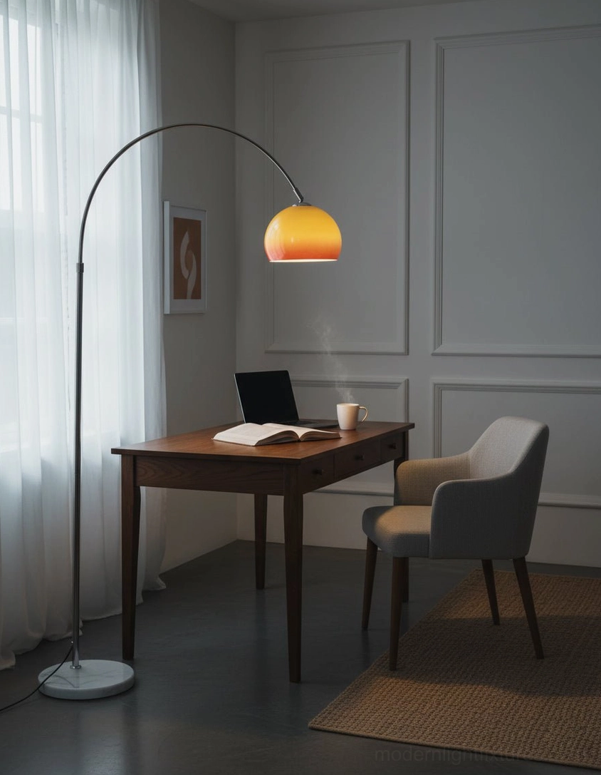 Arc floor lamp orange red variant with chrome metal frame and marble base
