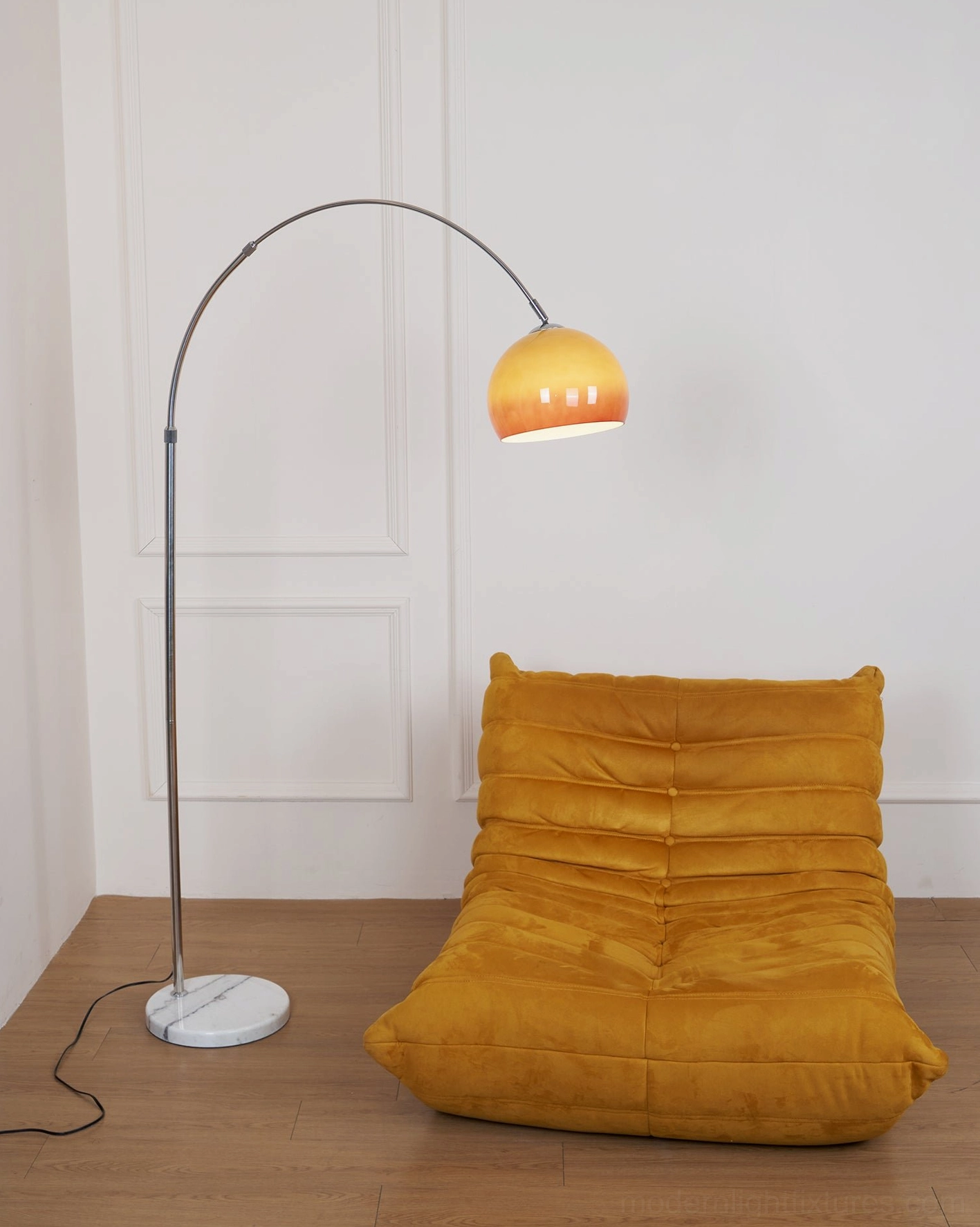 Arc floor lamp orange shade variant in contemporary interior space