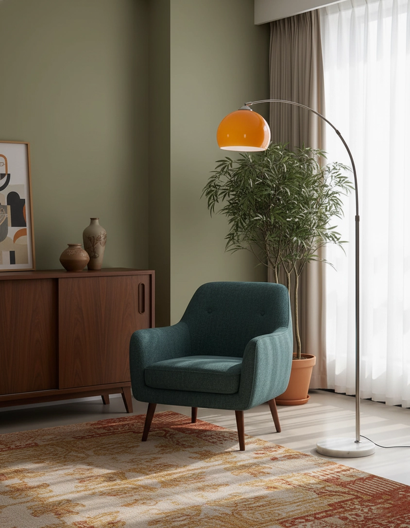 Arc floor lamp with matte orange spherical shade and silver arched pole in modern living space