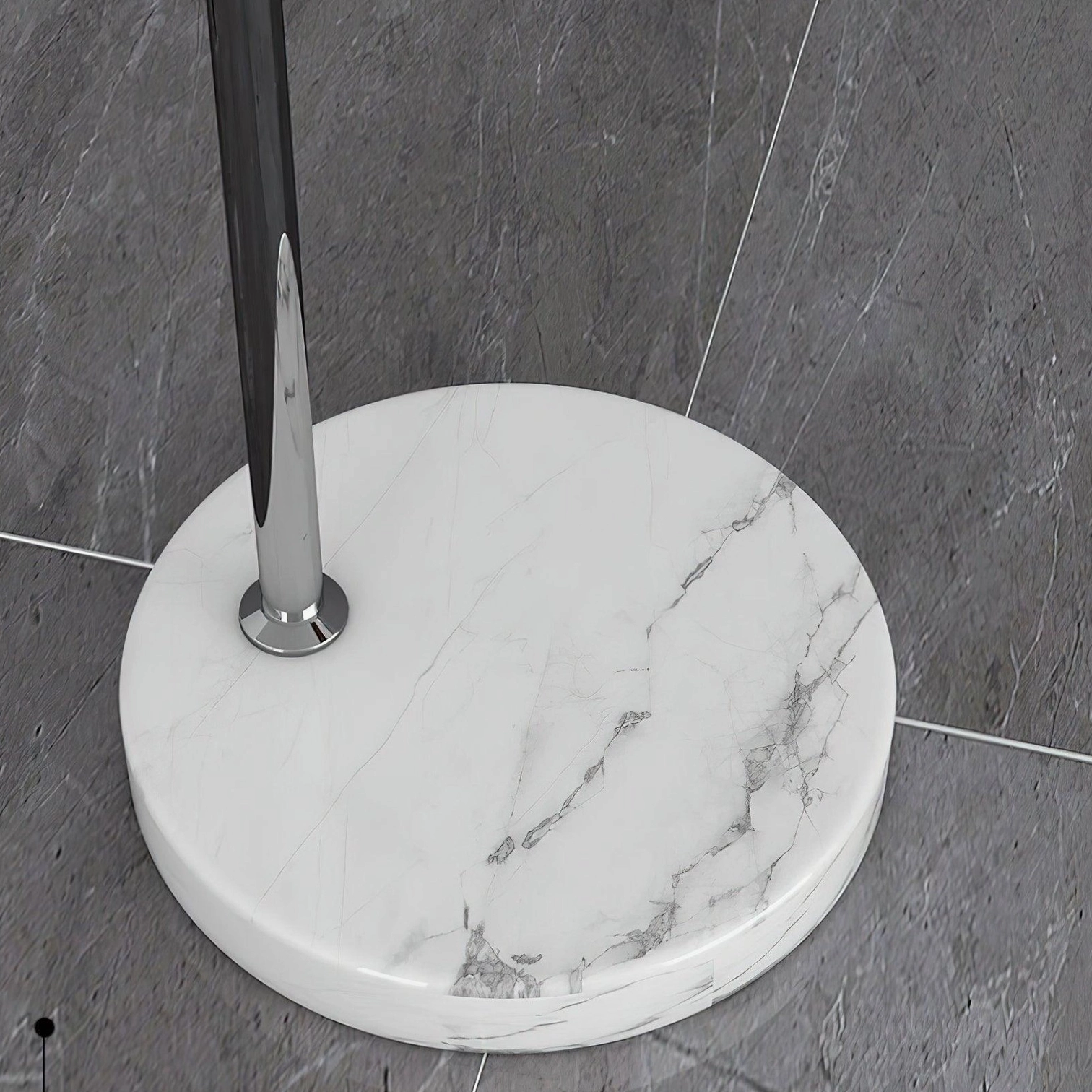 Arc floor lamp polished chrome metal construction showing durability and finish
