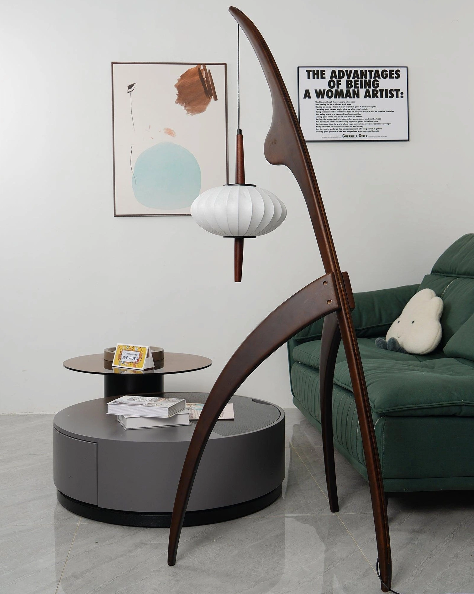Arc floor lamp with premium wooden frame and soft fabric shade modern design detail
