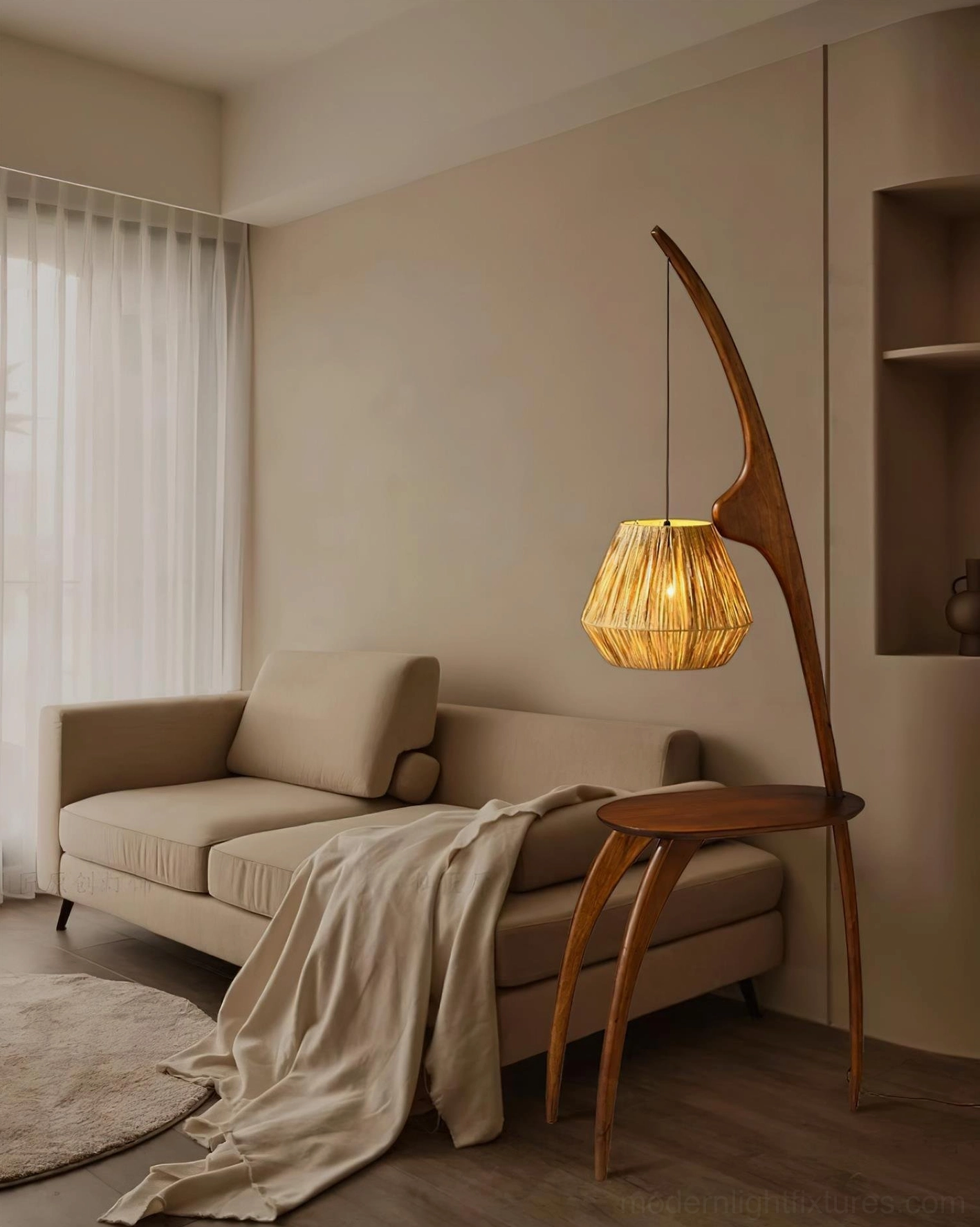 Arc floor lamp with rattan shade detail, modern minimalist wood floor lighting fixture