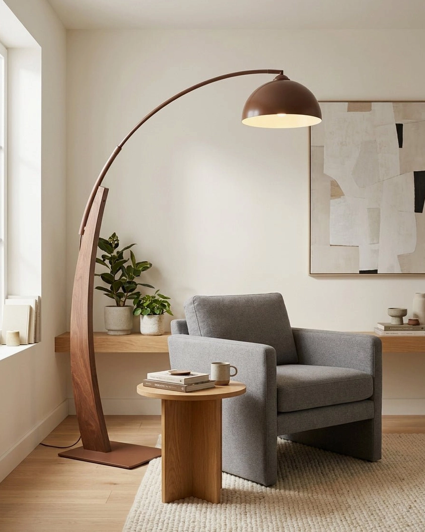 Arc floor lamp in corner reading nook with grey armchair, soft warm lighting for home study workspace