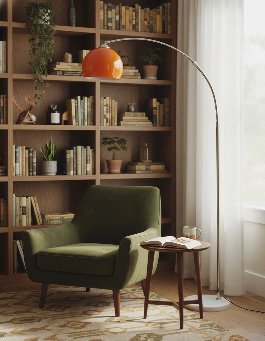 Arc floor lamp installed near furniture showing scale and lighting coverage in interior