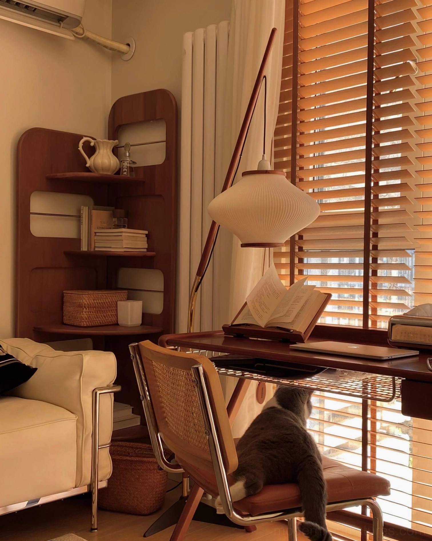 Arc floor lamp in Scandinavian minimalist interior, natural light and wood palette coordination