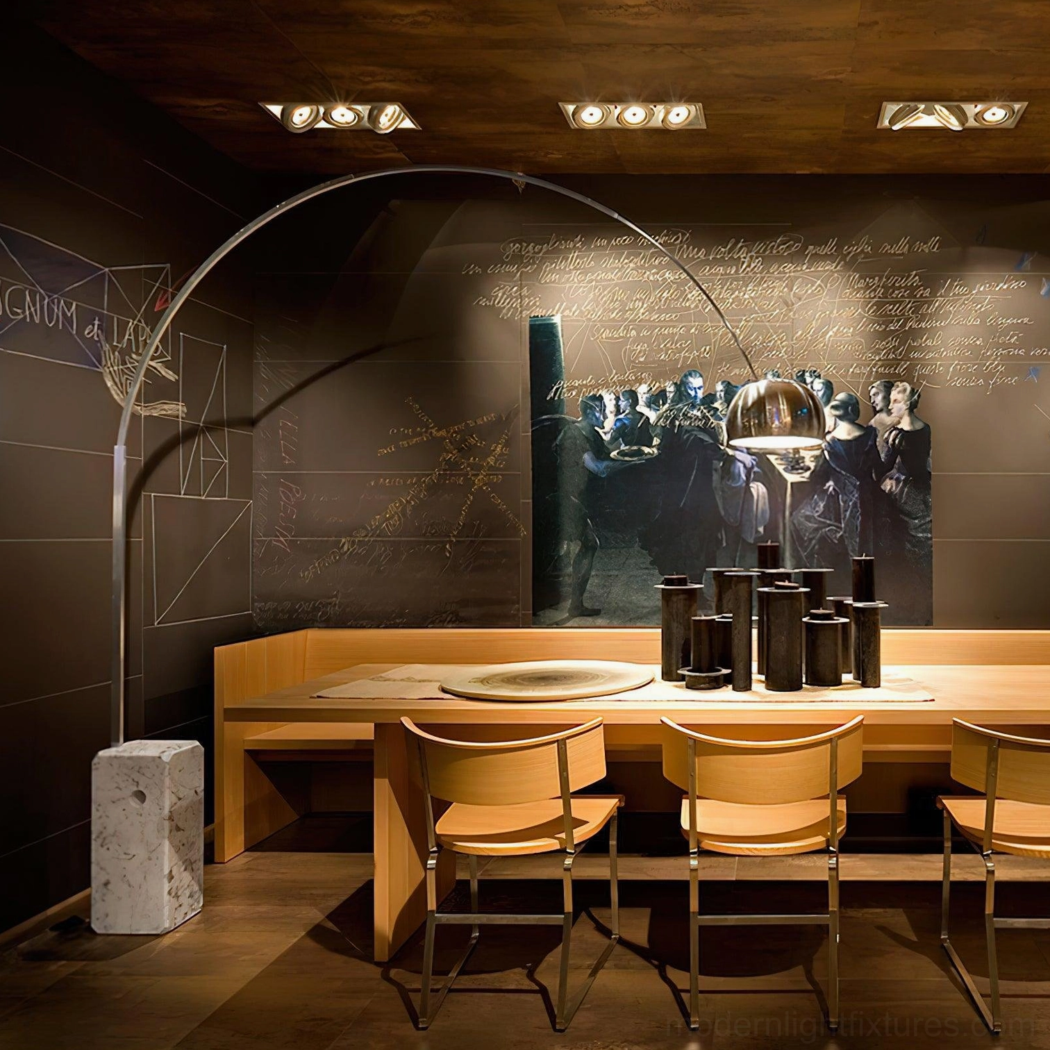 Modern arc floor lamp creating ambient lighting in Scandinavian-inspired interior