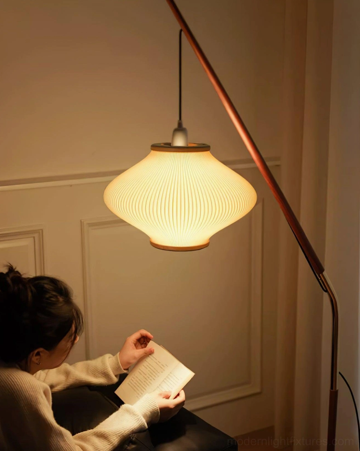 Modern arc floor lamp shade detail with ribbed texture pattern and craftsmanship quality