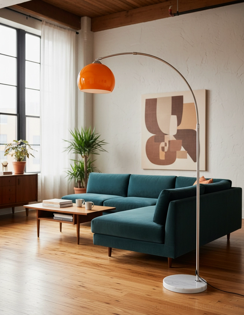 Modern arc floor lamp side profile showing elegant curved design and orange shade