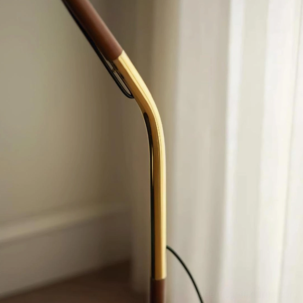 Modern arc floor lamp in neutral home setting, side profile showing graceful curved structure