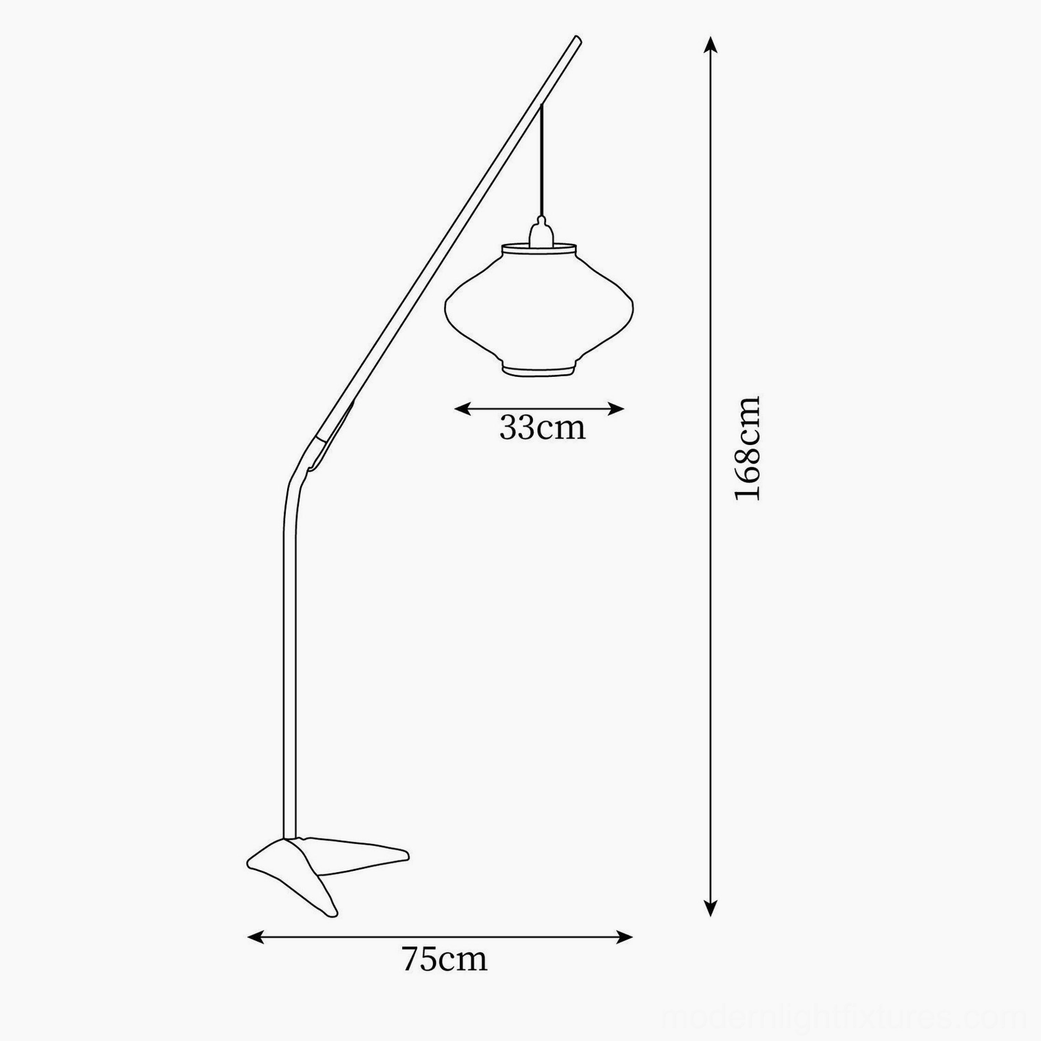 Arc floor lamp technical specifications and size diagram, orthographic view showing dimensions