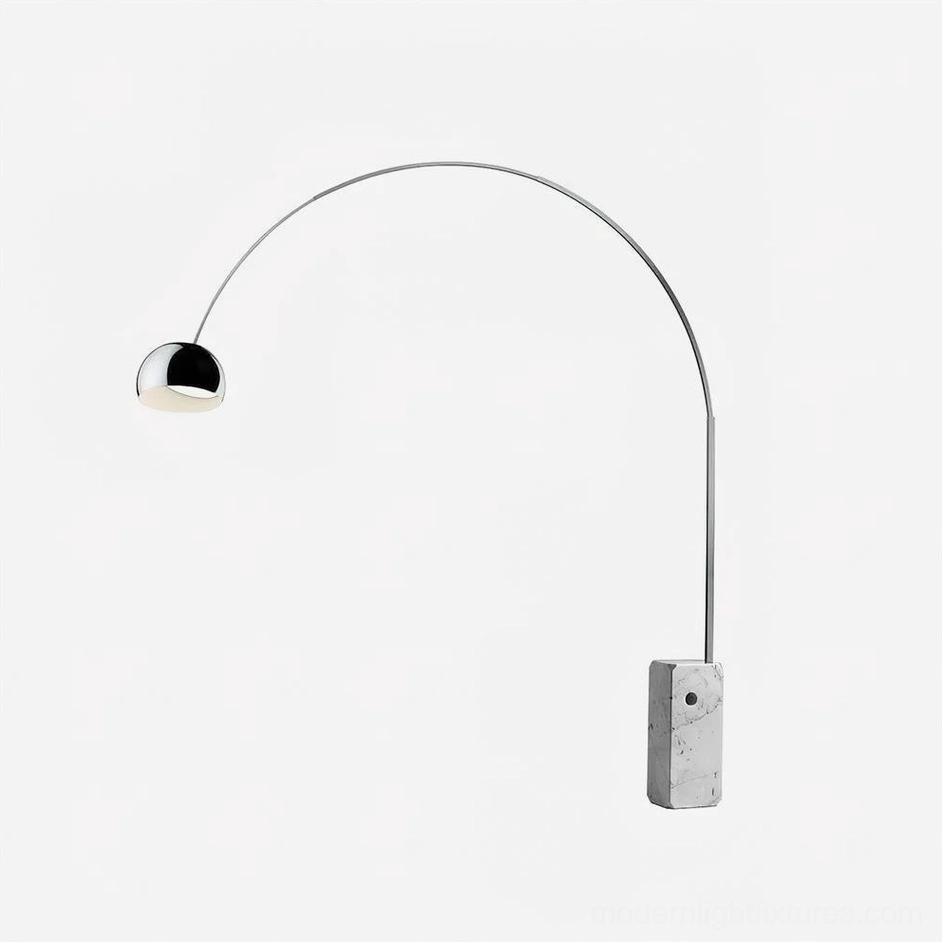 Modern arc floor lamp square tube variant with marble base in interior setting
