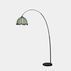 Kimala arc floor lamp with teal ruffled fabric shade, front view on white background