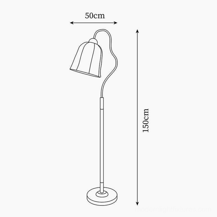 Technical design drawing of arc floor lamp showing dimensions 50cm diameter by 150cm height with minimalist line art