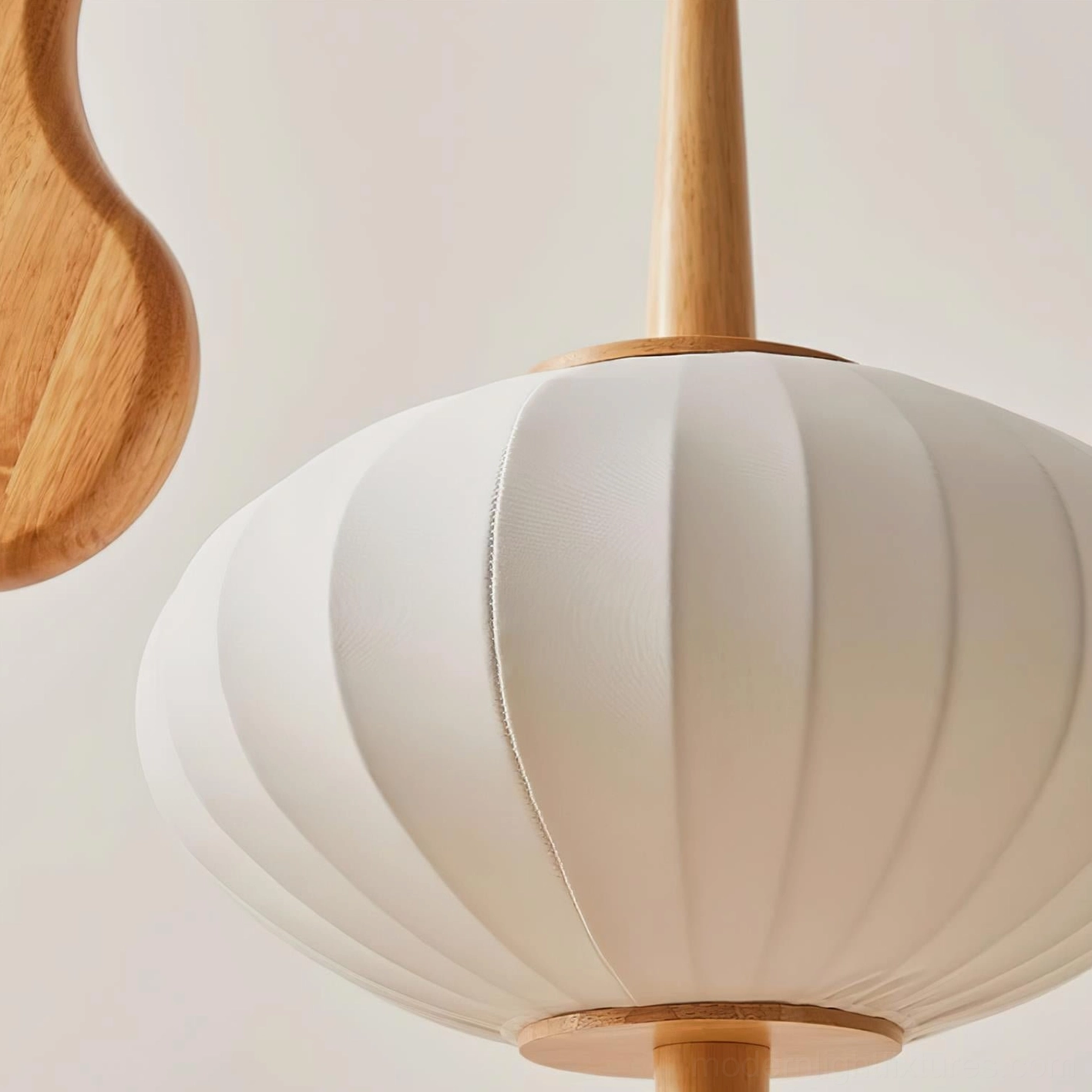Arc floor lamp with walnut wood frame and cream fabric lantern shade modern design
