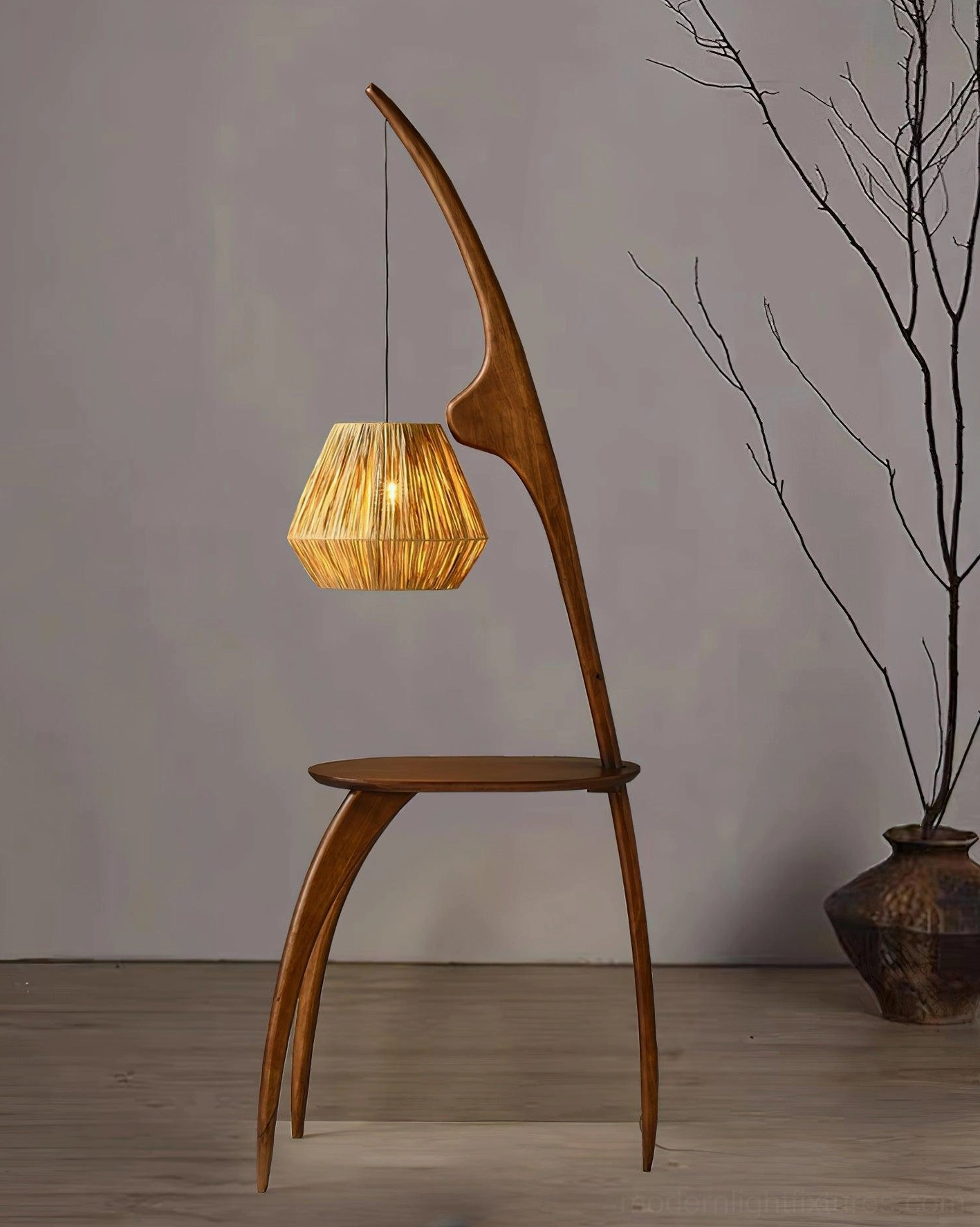 Arc floor lamp with glowing woven rattan shade, minimalist style wooden floor studio setting