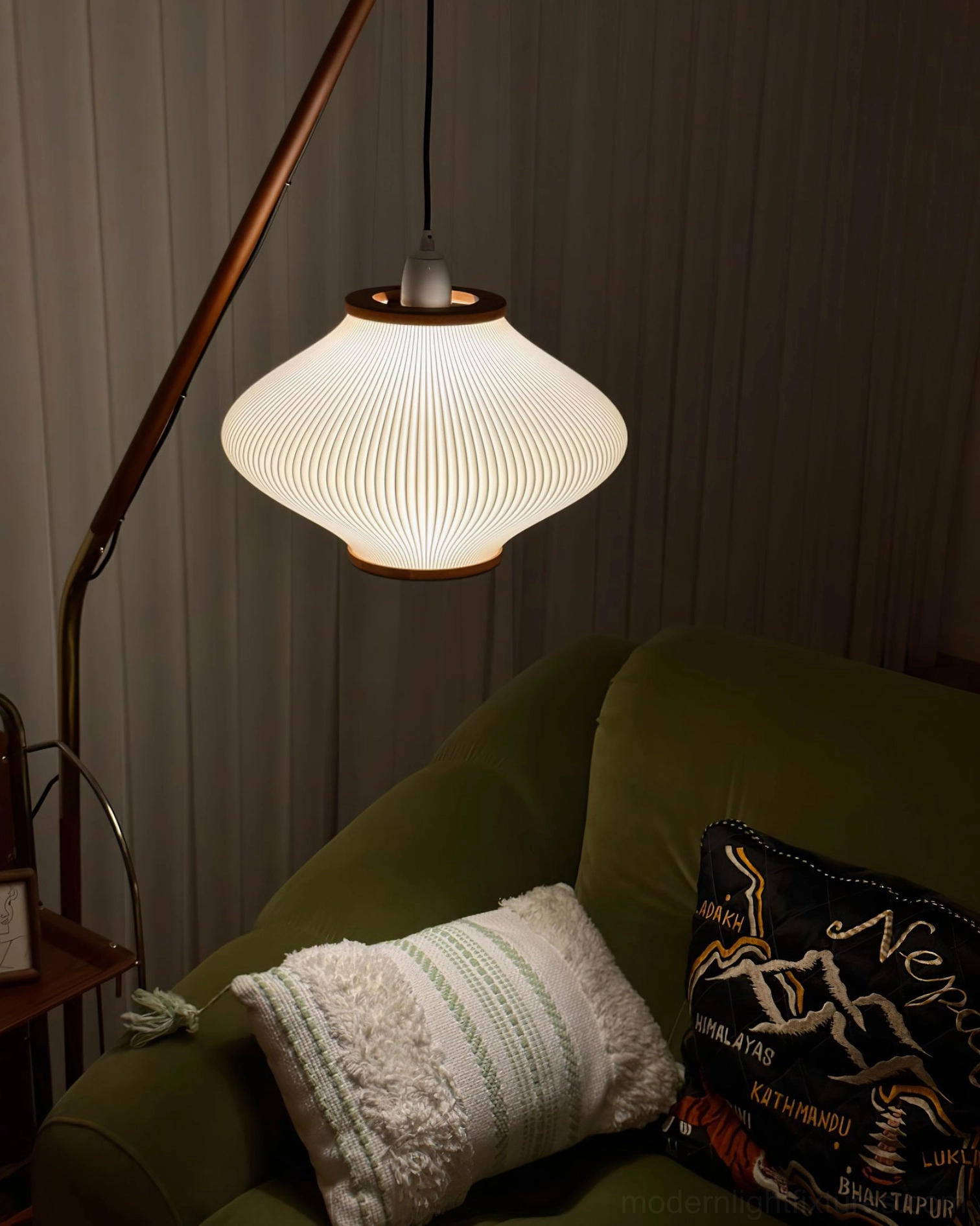 Modern arc floor lamp in white finish option, contemporary minimalist living space