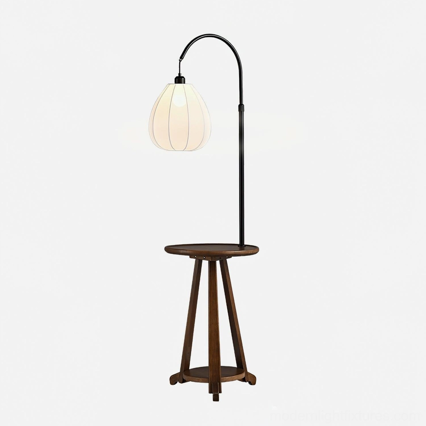 Arc floor lamp with solid wood tripod base, brown wooden construction, black arc frame, white studio backdrop