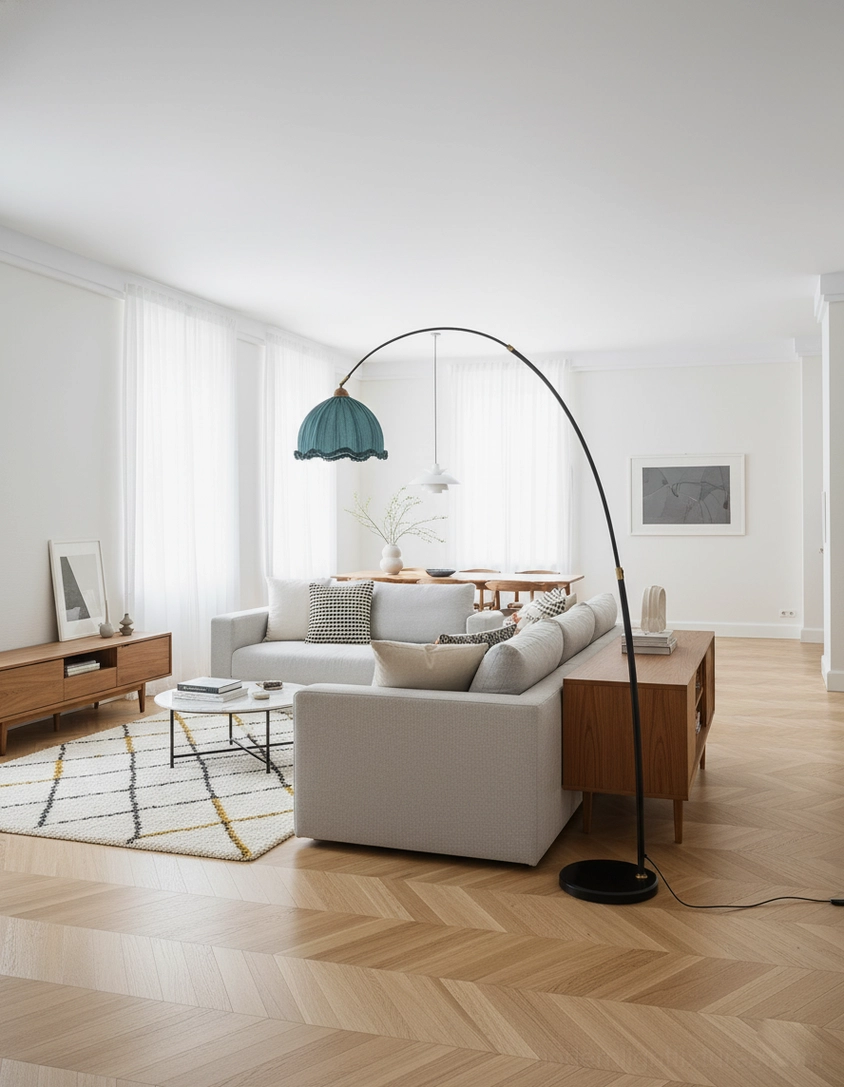Arc floor lamp with fabric shade and metal base architectural design photography