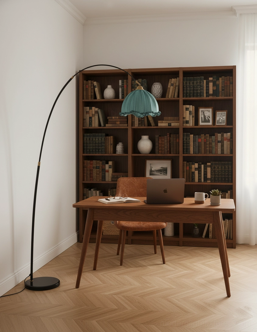 Modern arc floor lamp with black stand and blue-green ruffled shade in home office workspace