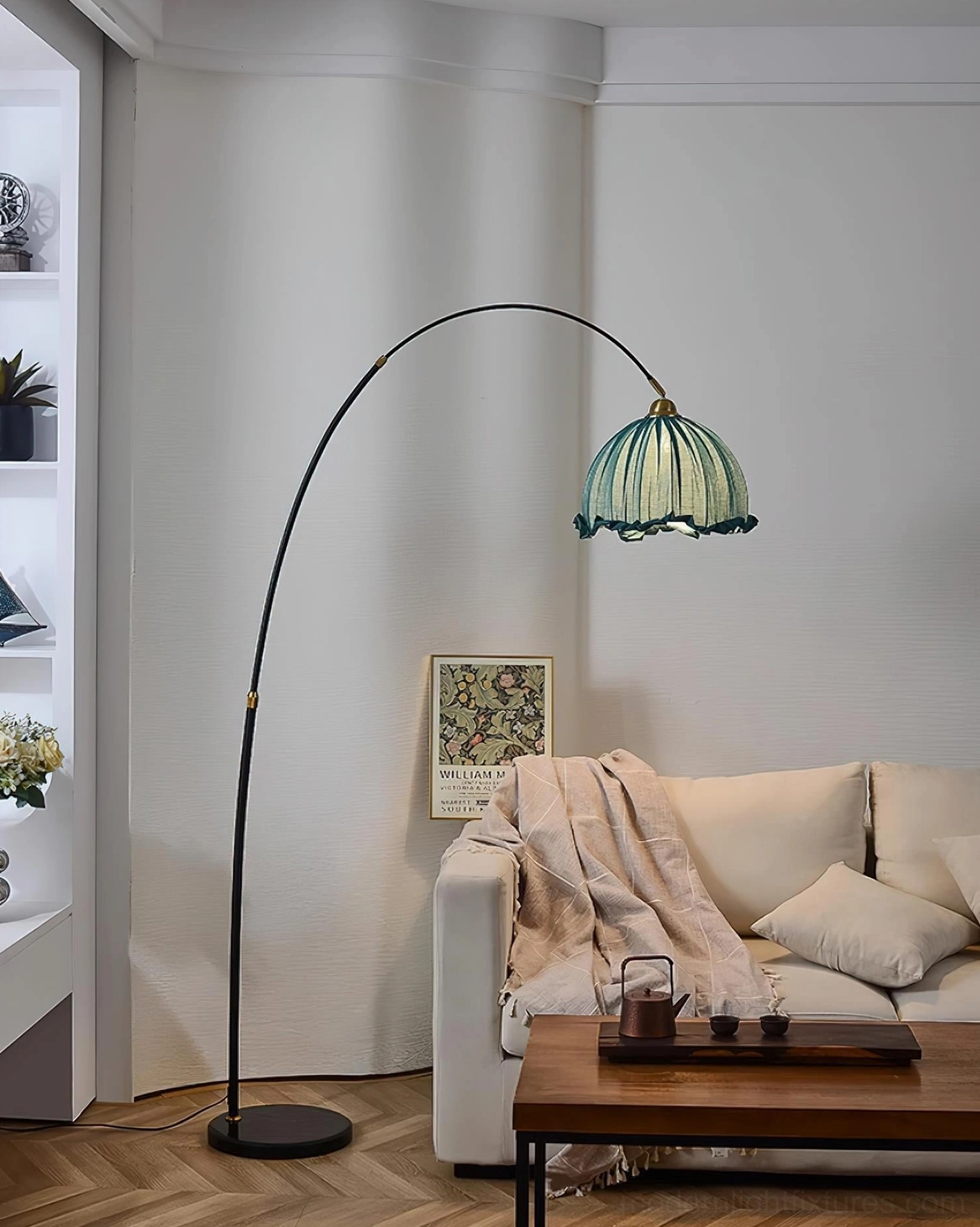 Modern arc floor lamp with ruffled fabric shade color option showcase