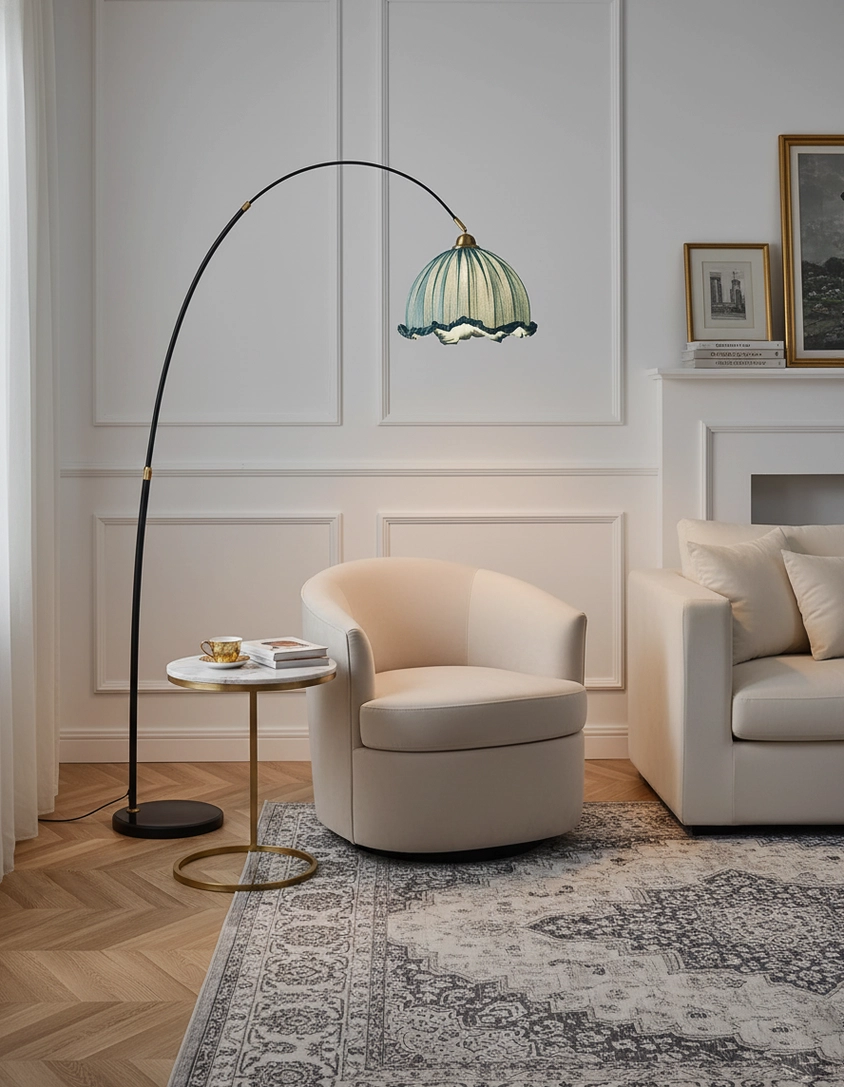 Arching floor lamp side profile showing curved metal construction and stability